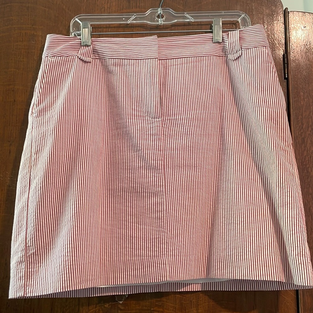 Red and white striped seersucker skirt.